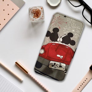 Custodia per telefono con portafoglio e inserti per carte, custodia in pelle personalizzata, custodia per telefono personalizzata, Topolino e Minnie Disney innamorati
