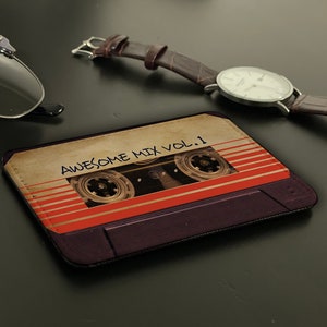 Slanke kaarthouder van imitatieleer, gepersonaliseerde creditcardportemonnee, aangepast cadeau voor haar en hem, Marvel Avengers, Awesome Mix Volume 1