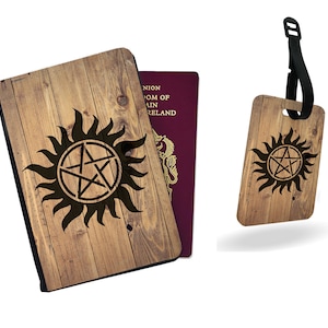 Personalised Faux Leather Passport Cover & Luggage Tag - Travel Accessories Set Gift - Supernatural The Pentacle Anti-possession Symbol