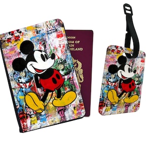 Gepersonaliseerde paspoorthoes, aangepast bagagelabel, reiscadeauset, Mickey Mouse, vintage cartoon
