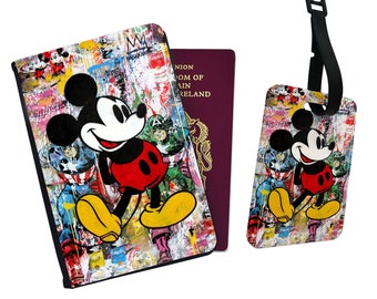 Personalised Passport Cover, Customised Luggage tag, Travel Gift Set, Mickey Mouse, Vintage Cartoon