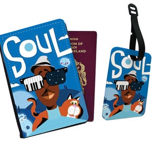 Gepersonaliseerde paspoorthoes, aangepast bagagelabel, jazz, gitaar, reisset, Disney Soul, cadeau voor muziekliefhebber - voeg je naam toe!