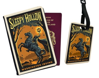 Personalised Passport Cover and Luggage Tag Gift Travel Holiday Adventure  Sleepy Hollow Gothic Style