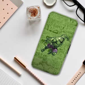Capa de celular tipo carteira com compartimentos para cartões, capa de celular de couro personalizada, capa de celular personalizada, Vingadores da Marvel, Incrível Hulk - Adicione seu nome!