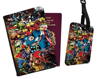 Personalisierte Kunstleder Passhülle & Gepäckanhänger - Reisezubehör Set Geschenk - "Retro Comic avengers "Karikatur