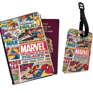 Personalised Faux Leather Passport Cover and Luggage Tag, Gift, Travel Accessory Set, Adventure Classic Avengers