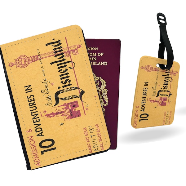 Personalised Faux Leather Passport Cover & Luggage Tag - Travel Accessories Set Gift - Disney Disneyland Vintage Retro Ticket