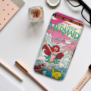 Portemonnee telefoonhoes met kaartinzetstukken, gepersonaliseerde leren telefoonhoes, aangepaste telefoonhoes, cadeau voor haar, Disney kleine zeemeermin Ariel