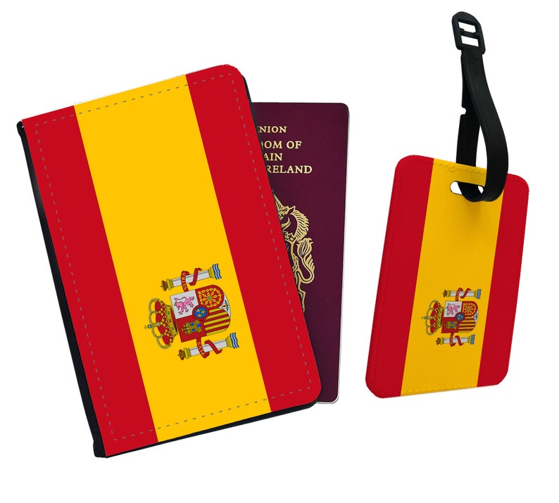 Personalised Passport Cover, Customised Luggage tag, Travel Gift Set, Travel Gift, Wanderlust, Flag, Spain All Countries Available image 1