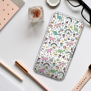 Étui de téléphone portefeuille avec inserts pour cartes, étui de téléphone en cuir personnalisée, première coque de téléphone personnalisée, dinosaures mignons colorés - Ajoutez votre nom !