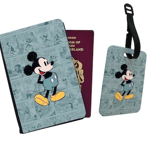 Gepersonaliseerde paspoorthoes, aangepast bagagelabel, reiscadeauset, Mickey Mouse - voeg je naam toe!