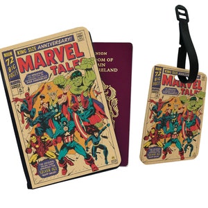 Gepersonaliseerde paspoorthoes en bagagelabel, cadeau, reizen, vrienden, Marvel Tales