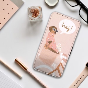Brieftaschen-Telefon-Abdeckung mit Karteneinsätzen, personalisierte Lederne Telefon-Abdeckung, kundenspezifische Telefon-Hülle, Geschenk für sie, netter Wursthund