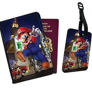 Gepersonaliseerde kunstleren paspoorthoes en bagagelabel, cadeau, avontuur, roadtrip, Super Mario, aangepast cadeau - voeg je naam toe