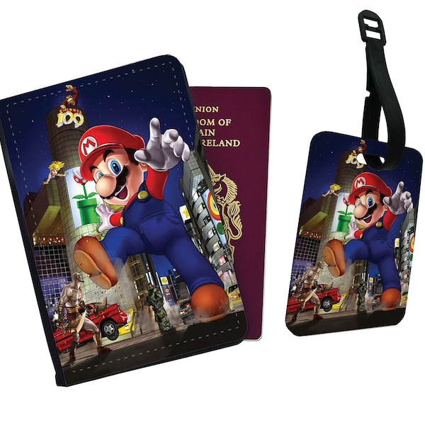 Personalised Faux Leather Passport Cover and Luggage Tag, Gift, Adventure, Road Trip, Super Mario, Custom Gift - Add Your Name