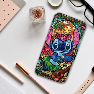 Funda para teléfono tipo billetera con insertos para tarjetas, funda de cuero personalizada para teléfono, estuche para teléfono personalizado, Disney Cute Hawaiian Stitch: ¡agrega tu nombre!
