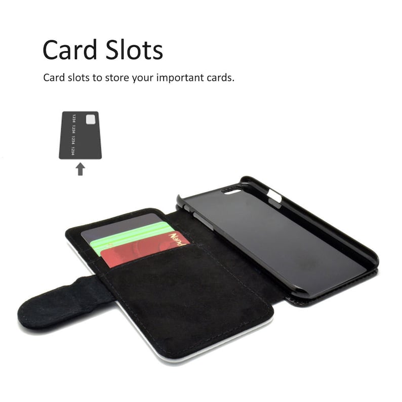 May include: A black leather phone case with a flap that opens to reveal card slots. The case has a black phone inside and two cards are visible in the slots.