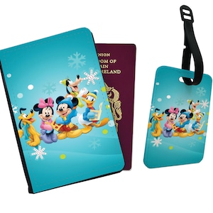Gepersonaliseerde paspoorthoes, aangepast bagagelabel, reiscadeauset, Mickey Mouse, vintage cartoon, vrienden