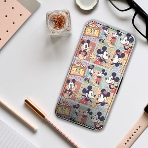 Custodia per telefono con portafoglio e inserti per carte, custodia in pelle personalizzata, custodia per telefono personalizzata, Topolino e Minnie Disney innamorati