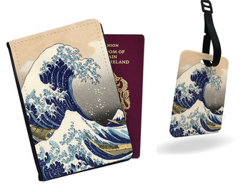 Copertina personalizzata per passaporto ed etichetta per bagaglio in finta pelle - Set regalo di accessori da viaggio - La grande ondata al largo di Kanagawa