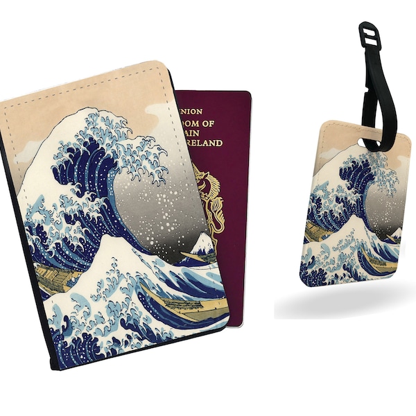 Personalised Faux Leather Passport Cover & Luggage Tag - Travel Accessories Set Gift - The Great Wave off Kanagawa