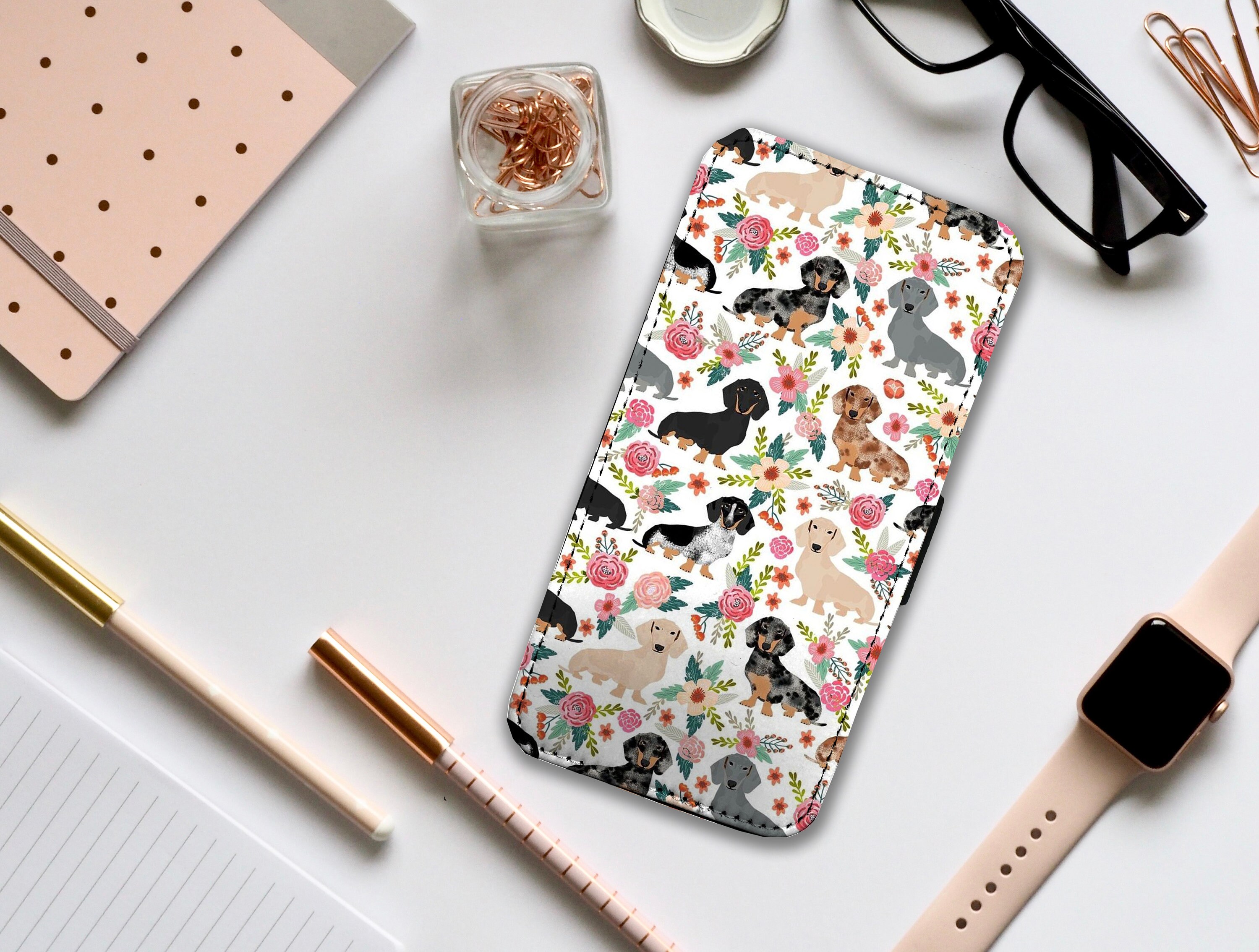Wallet Phone Cover with Card Inserts, Personalised Leather Phone Cover, Custom Phone Case, Gift for her, Cute Sausage Dog - Add your Name!