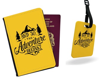 Personalised Faux Leather Passport Cover & Luggage Tag - Travel Accessories Set Gift - Travel Quote: And so The Adventure Begins