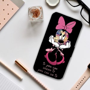 Custodia per telefono con portafoglio e inserti per carte, custodia in pelle personalizzata, custodia per telefono personalizzata, Disney Minnie Mouse con il tuo nome, regalo per lei