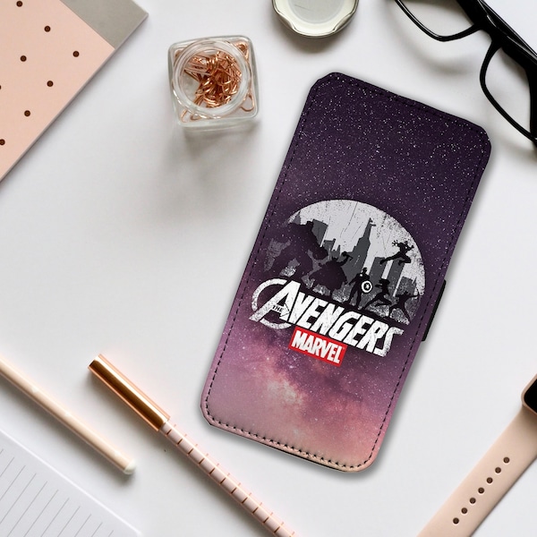 Wallet Phone Cover with Card Inserts, Personalised Leather Phone Cover, Custom Phone Case, Marvel Comics, Avengers Assemble - Add your Name!