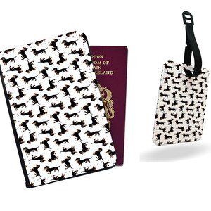 Gepersonaliseerde kunstleren paspoorthoes en bagagelabel - Set reisaccessoires cadeau - Patroon teckel