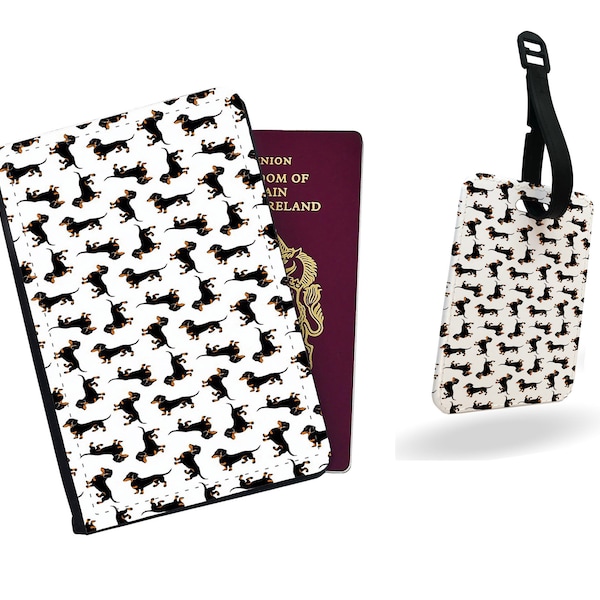 Protège-passeport et étiquette de bagage personnalisés en similicuir - Cadeau ensemble d'accessoires de voyage - Motif chien teckel