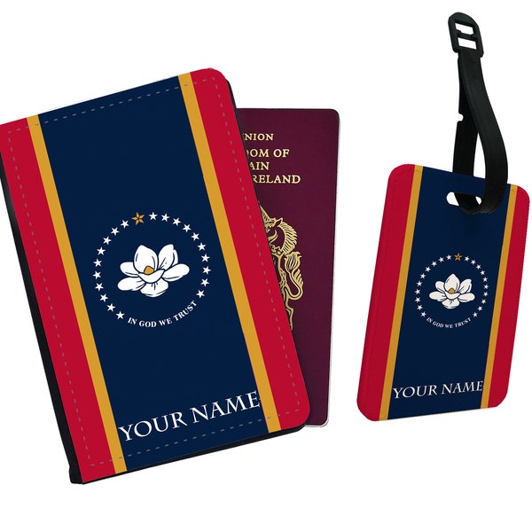 Personalised Passport Cover, Customised Luggage tag, Travel Gift Set, State Flag Mississippi, Add your name!