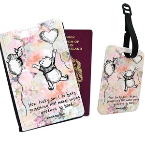 Gepersonaliseerde paspoorthoes, aangepast bagagelabel, reissetcadeau, Disney Winnie Pooh, citaat van big, hoe gelukkig ben ik