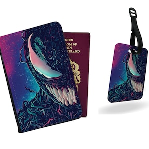 Gepersonaliseerde paspoorthoes, aangepast bagagelabel, set giftige reisaccessoires, Marvel Comics, Antihero Venom