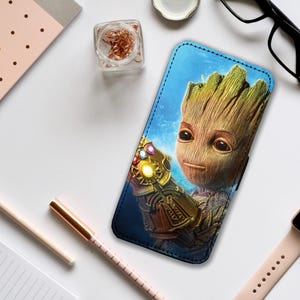 Brieftasche Handyhülle mit Karteneinsätzen, personalisierte Leder Handyhülle, Marvel Handyhülle, Guardians of the Galaxy, Cute Groot