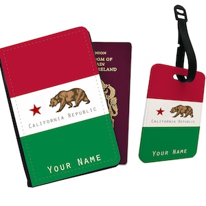 Gepersonaliseerde paspoorthoes, aangepast bagagelabel, reiscadeauset, staatsvlag Californië, voeg je naam toe!