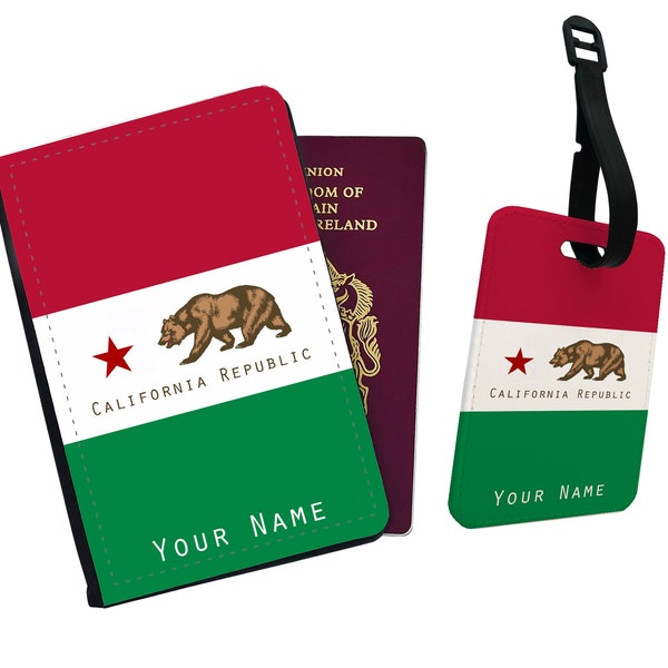 Personalised Passport Cover, Customised Luggage tag, Travel Gift Set, State Flag California, Add your name!