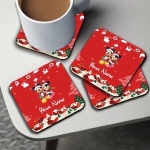 Personalised High Gloss Cup Coasters, Square Drink Coaster, Round Coffee Coaster, Custom Gift, Disney Christmas with Mickey and Minnie