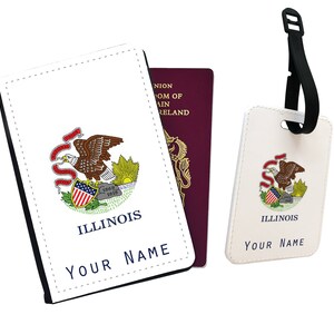 Gepersonaliseerde paspoorthoes, aangepast bagagelabel, reiscadeauset, staatsvlag Illinois, voeg je naam toe!