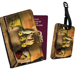 Gepersonaliseerde paspoorthoes en bagagelabel, cadeau reisaccessoires, Shrek en prinses Fiona, Fergus, Farkle en Felicia