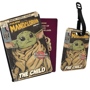 Gepersonaliseerde paspoorthoes en bagagelabel, cadeau, reizen, avontuur Star Wars Mandalorian