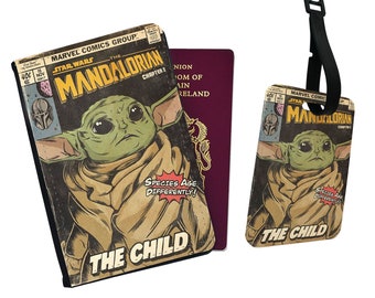 Copertina del passaporto personalizzata ed etichetta per bagaglio, regalo, viaggio, avventura Star Wars Mandalorian