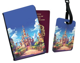 Personalised Passport Cover, Customised Luggage tag, Travel Set, Disneyland Castle, First Trip to Disney, First Holiday, Gift for her
