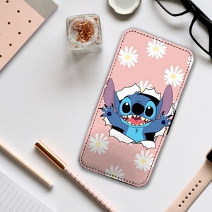 Funda para teléfono tipo billetera con insertos para tarjetas, funda de cuero personalizada para teléfono, funda para teléfono de Disney personalizada, Stitch lindo: ¡agrega tu nombre!