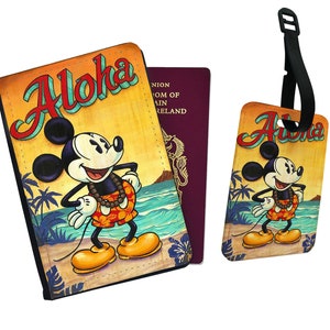 Gepersonaliseerde paspoorthoes, aangepast bagagelabel, reiscadeauset, Mickey Mouse in Hawaii, vintage cartoon