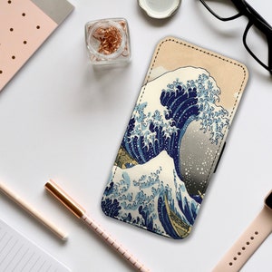 Capa de celular tipo carteira com compartimentos para cartões, capa de celular de couro personalizada, capa de celular personalizada, The Great Wave off Kanagawa - Adicione seu nome!