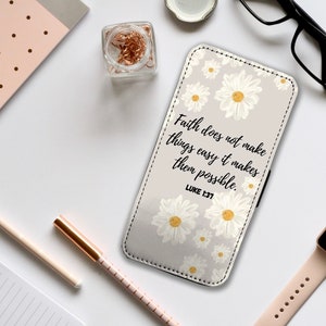 Capa de celular tipo carteira com compartimentos para cartões, capa de celular de couro personalizada, capa de celular personalizada, versículo bíblico Lucas 1:37, a fé torna possível