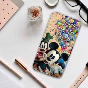 Funda para teléfono tipo billetera con tarjetero, personalizada, Mickey Mouse, el Pato Donald y Goofy en Disneyland. La risa es eterna.