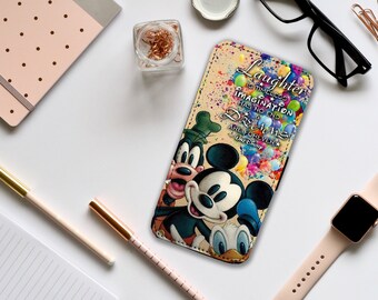 Wallet Phone Cover with Card Inserts, Personalised Phone Cover, Mickey Mouse, Donald Duck and Goofy at Disneyland, Laughter is Timeless