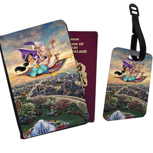 Gepersonaliseerde paspoorthoes, aangepast bagagelabel, cadeau voor Disney-liefhebbers, Disney-prinses, Aladdin en prinses Jasmine - voeg je naam toe!